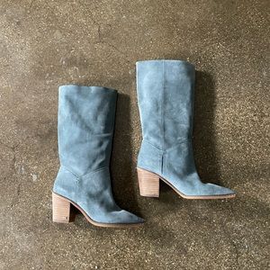 Light greyish blue Sam Eldeman suede cowboy style mid-calf boots.